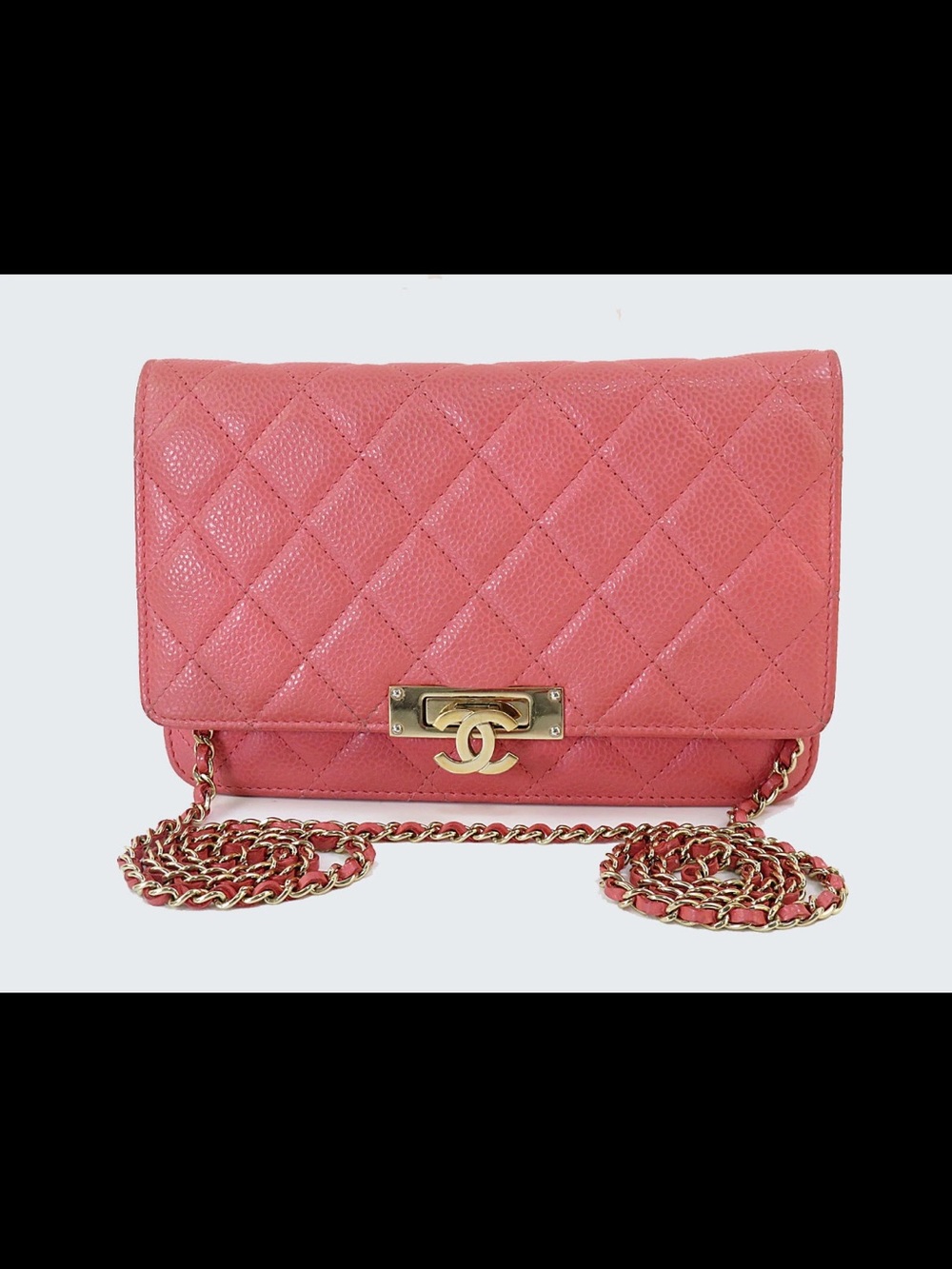 CHANEL Quilted Chain Wallet-On-Chain in Coral Pink with Gold Hardware